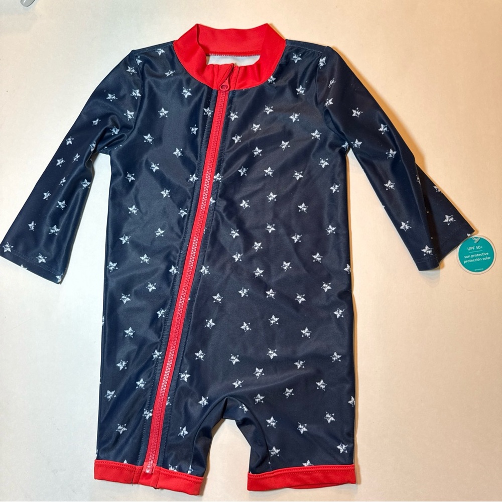 Child of Mine by Carter's long sleeve swimsuit red white blue with stars 6-9M
